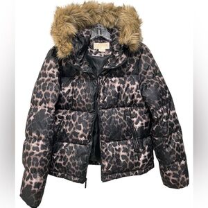 Michael Kors Down Leopard Animal Quilted Puffer Faux Fur Hooded Jacket Womens M